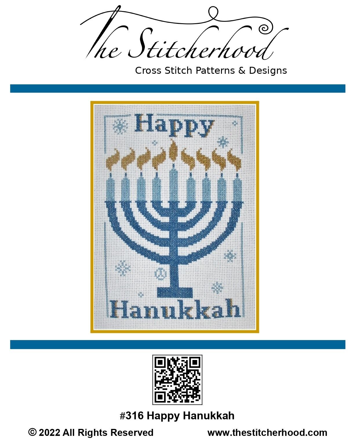 Happy Hanukkah cross stitch pattern with a Menorah.